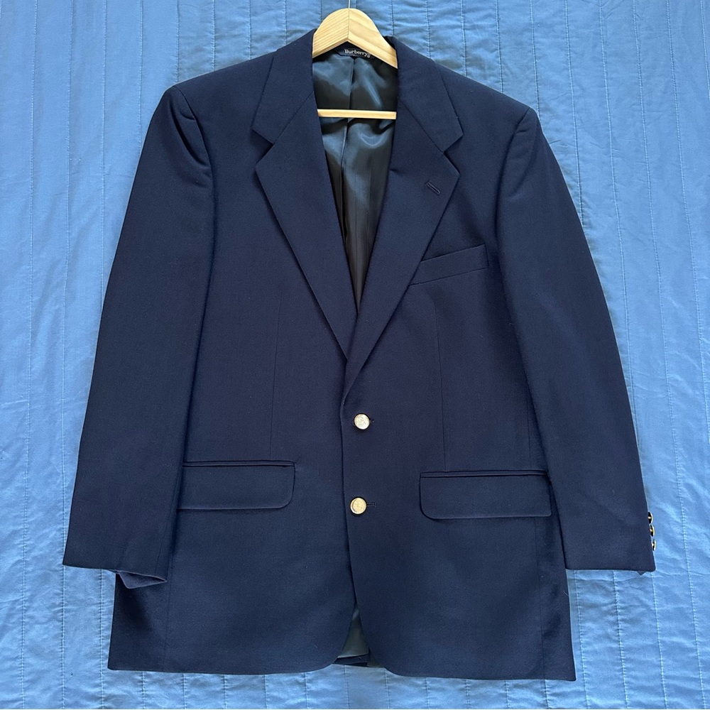 Vintage Burberrys Blazer 100% Wool Navy Gold Equestrian Buttons 45” Chest